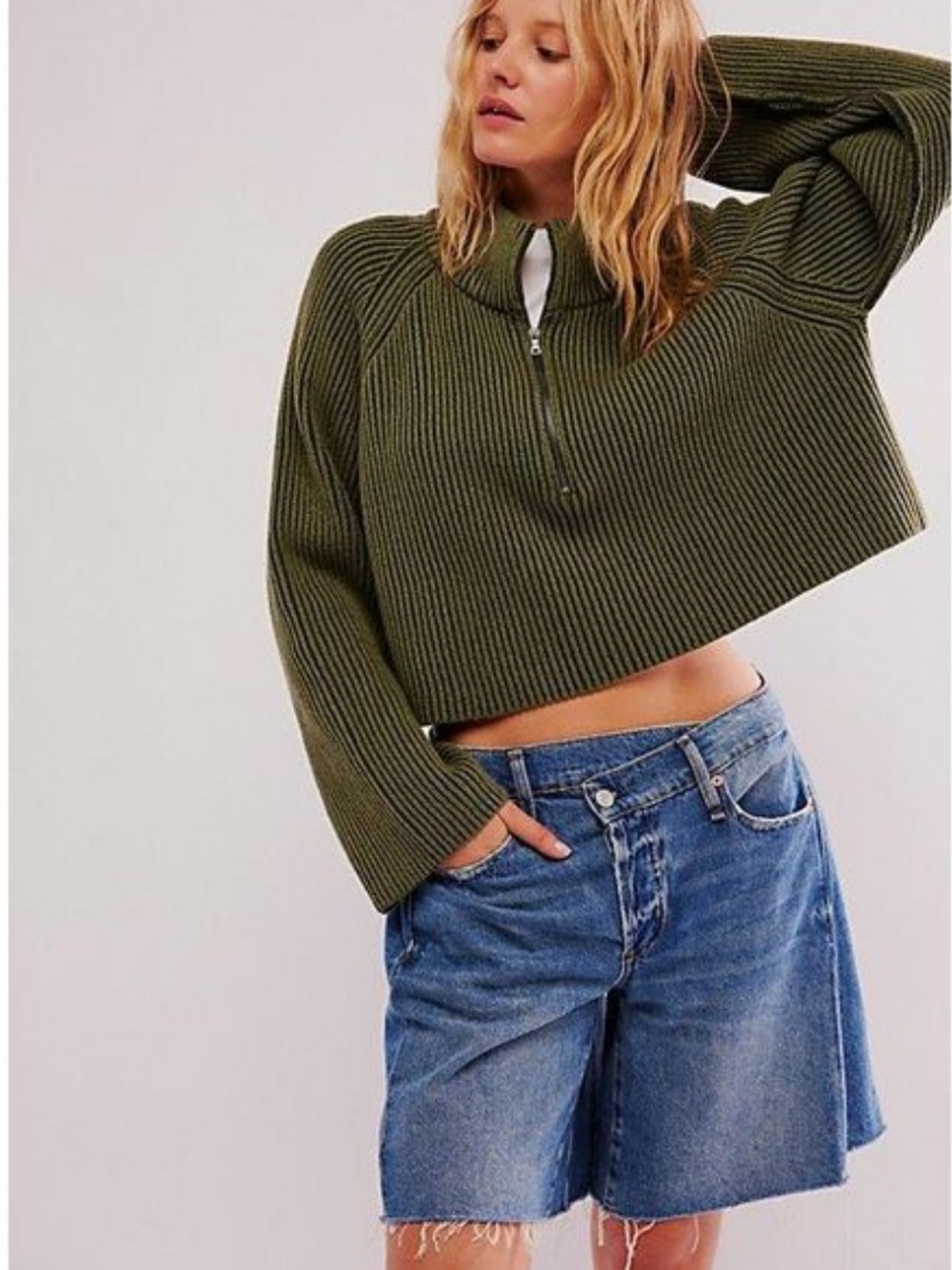 Free People Greta Olive Green Cropped Ribbed Half-Zip Sweater NEW